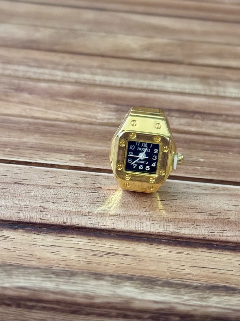 Gold-Tone Square Dial Ring Watch